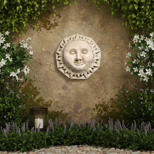 Sun face wall plaque with stylized rays, classical old world European design, featuring ornate facial details and Renaissance influence. Side Angle