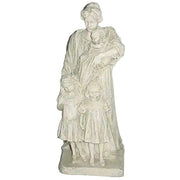 Mother holding infant with two children at her side, classical old world European statue with ornate, Renaissance-inspired detailing.