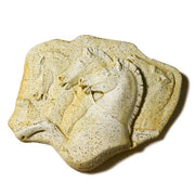 Relief sculpture featuring three horses in a classical, old world European style with ornate, Renaissance-inspired detailing. Side View