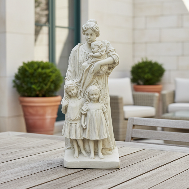 Mother holding infant with two children at her side, classical old world European statue with ornate, Renaissance-inspired detailing. Side Angle