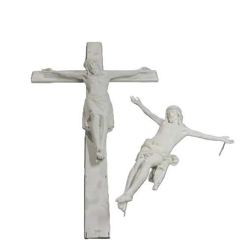 Crucifix with classical European style, featuring an ornate depiction of Christ in a traditional, old world religious design. Side View