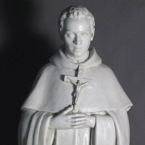 Saint statue in classical old world European style, featuring ornate robes and a rosary, standing in a reverent pose. Different Angle