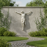 Crucifix statue featuring Jesus with outstretched arms, detailed drapery, and classical Renaissance-inspired sculptural style. Different Angle