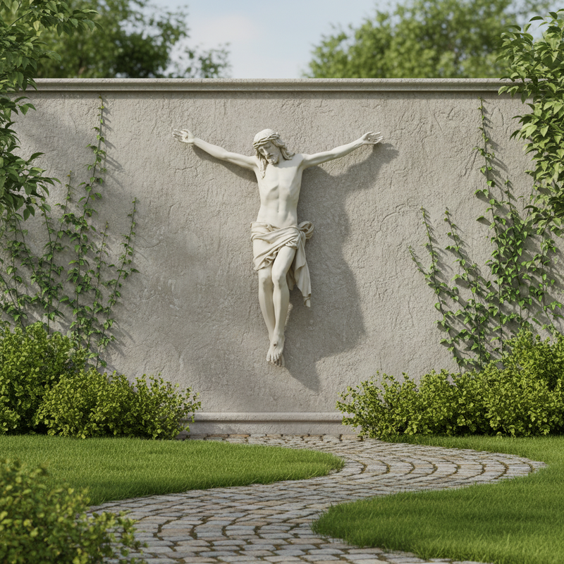 Crucifix statue featuring Jesus with outstretched arms, detailed drapery, and classical Renaissance-inspired sculptural style. Different Angle