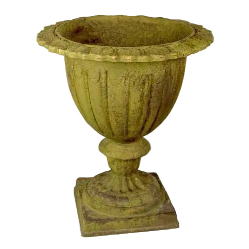 Ornate old world European urn planter with fluted bowl, scalloped rim, and classical pedestal base in a weathered finish.
