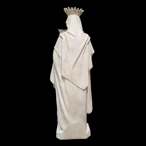 Madonna and Child statue in classical Renaissance style with ornate crowns and flowing drapery, evoking old world European elegance. Different Angle