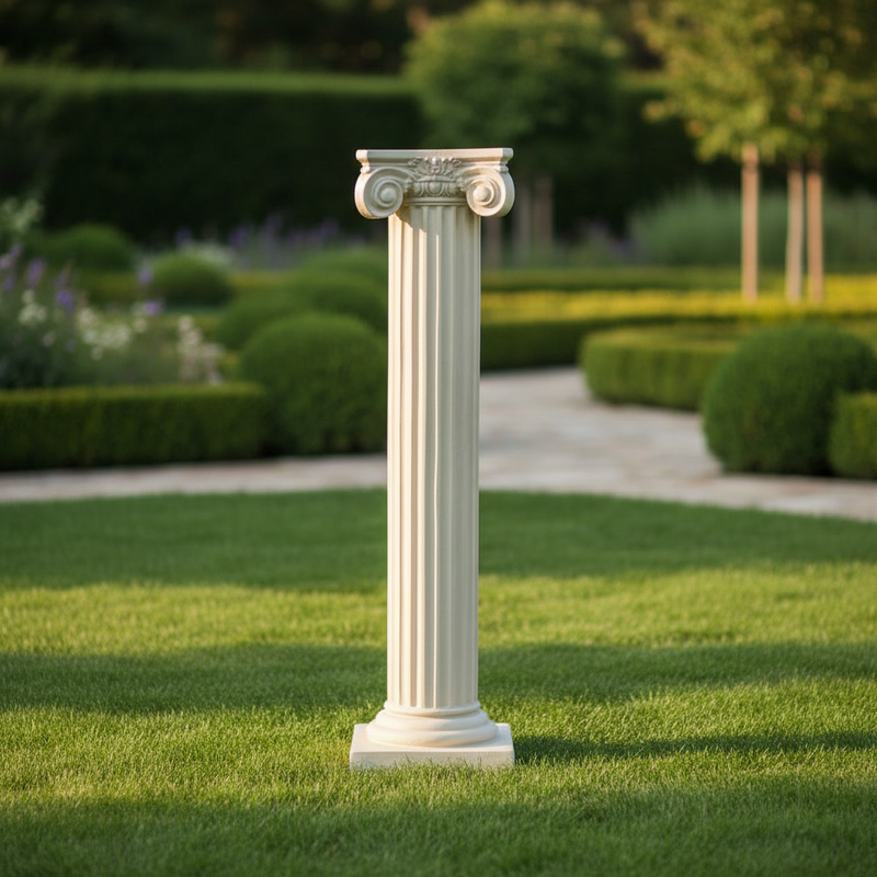Classical Greek column pedestal with ornate Ionic scrolls and fluted shaft, featuring an old world European architectural style. Side Angle