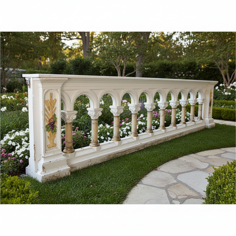 Ornate old world European balustrade with classical arches, Corinthian columns, and decorative Baroque detailing on end panels. Side Angle