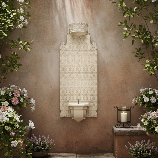 Ornate Gothic wall fountain with intricate geometric patterns, pointed arches, and a decorative crown-like top. Side Angle