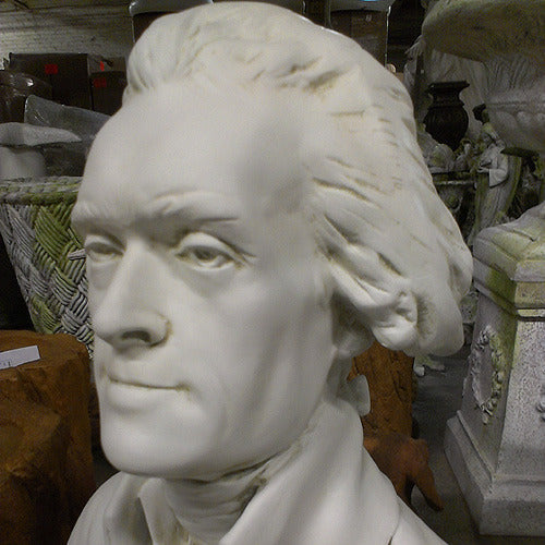 Classical bust of a distinguished man in 18th-century attire, featuring ornate old world European sculptural details. Side Angle
