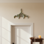 Gothic architectural pediment with ornate tracery, pointed arches, and intricate old world European detailing. Side Angle