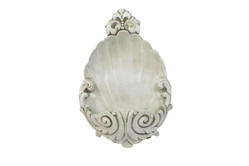 Ornate wall-mounted shell-shaped basin with classical Baroque detailing and intricate old world European scrollwork accents.