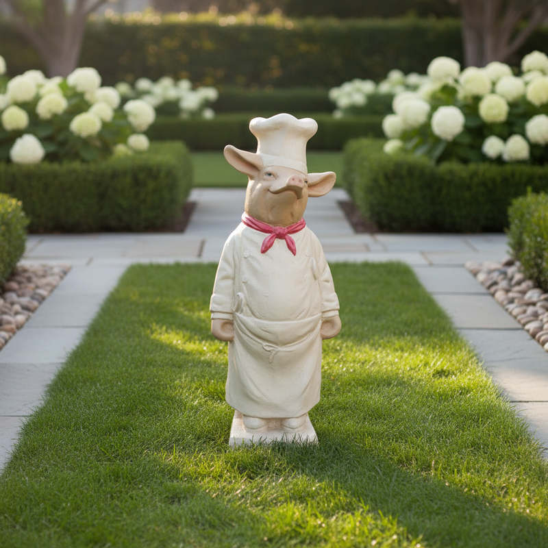 Chef pig figurine in classical European style, wearing a chef hat, apron, and red neckerchief with an old world whimsical theme. Side Angle
