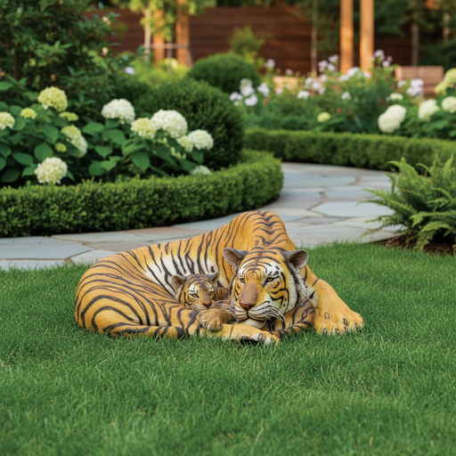 Tiger and cub figurine in a classical, ornate style with detailed stripes and lifelike features, evoking old world European artistry. Side Angle