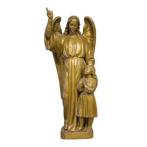 Angel with flowing robes and outstretched arm in classical old world European style, guiding a child in ornate Renaissance detail.