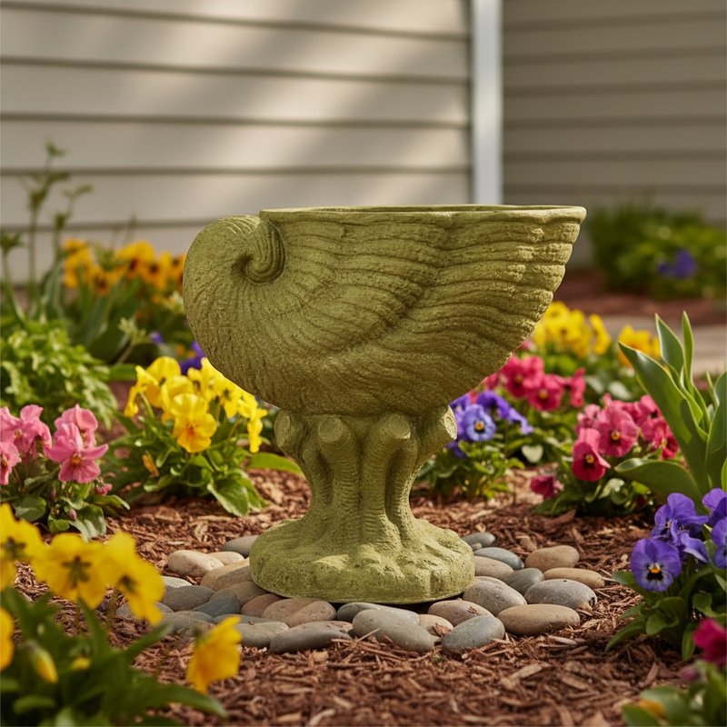 Ornate old world European shell-shaped chalice with classical pedestal base and intricate carved detailing Side Angle