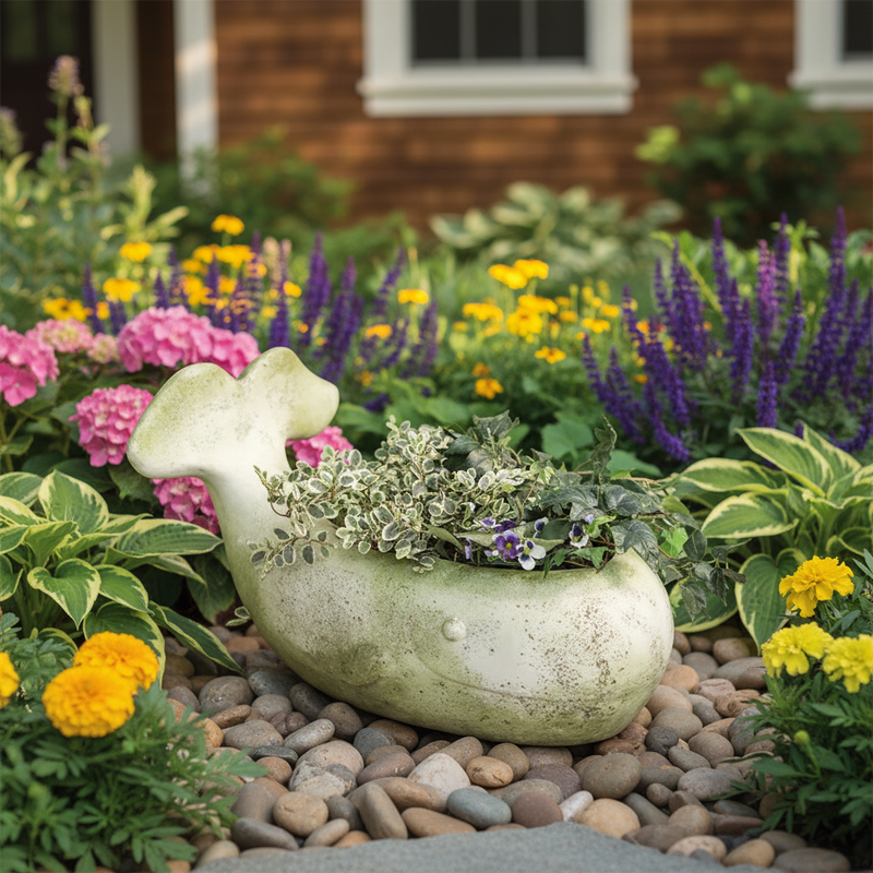 Whale-shaped planter with ornate, old world European detailing, filled with lush greenery and trailing vines. Side Angle