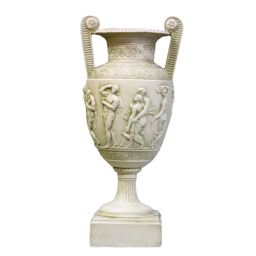 Classical Greek urn with ornate relief of human figures and intricate patterns, featuring two vertical handles and a pedestal base.