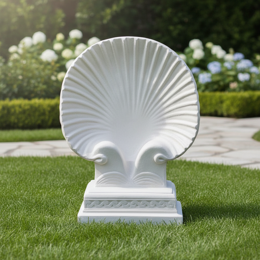 Shell-shaped classical pedestal with ornate base, featuring old world European and Renaissance-inspired sculptural details. Side Angle