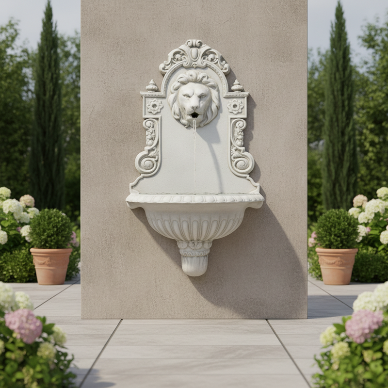 Ornate wall fountain with lion head motif, classical Baroque detailing, and intricate old world European scrollwork accents. Side Angle