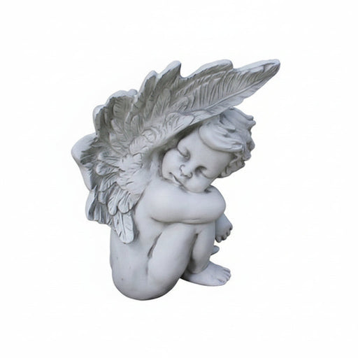Cherub statue with ornate wings, classical European style, curled in a seated pose with serene expression, inspired by Renaissance art.