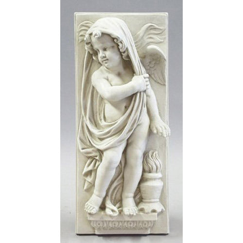 Cherub relief sculpture in classical Baroque style with draped cloth, ornate detailing, and a small urn at the base.