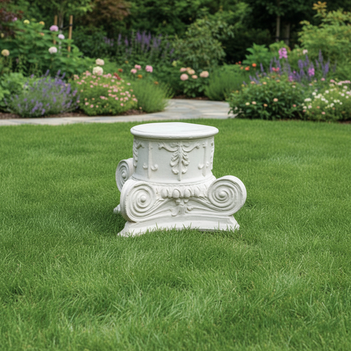 Ornate classical pedestal with Baroque scrollwork, acanthus leaf motifs, and old world European architectural detailing. Side Angle