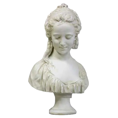 Classical bust of a woman with braided hair and draped gown, featuring delicate facial features and ornate old world European style.