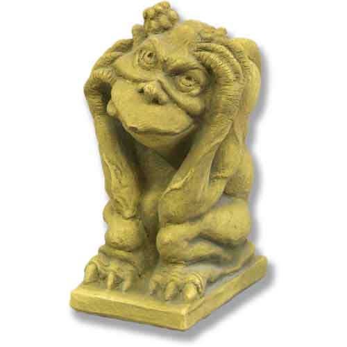 Grotesque gargoyle statue in a seated pose with hands on head, featuring ornate old world European and medieval detailing.