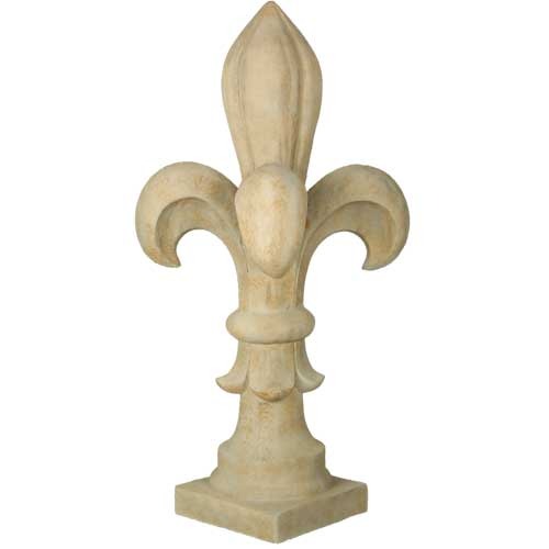 Fleur-de-lis finial with ornate, old world European design and classical, medieval-inspired detailing on a square base.