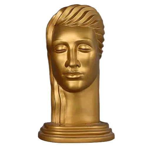 Classical Greek-inspired bust with stylized, serene facial features and ornate, flowing hair on a rounded pedestal base.