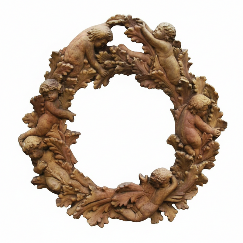 Ornate Baroque wreath with cherubs and intricate leaf detailing in an old world European style. Side View