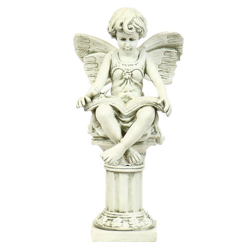 Cherub statue with butterfly wings seated on a classical pedestal, reading a book, featuring ornate old world European details. Side View