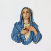 Virgin Mary wall plaque in old world European style, featuring classical serene expression and ornate Sacred Heart detail. Side View