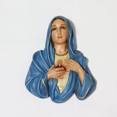 Virgin Mary wall plaque in old world European style, featuring classical serene expression and ornate Sacred Heart detail. Side View