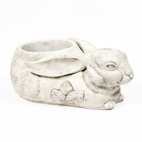 Rabbit-shaped planter with ornate floral motif, featuring old world European style and filled with yellow and orange flowers. Additional Angle