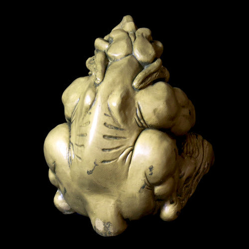 Grotesque gargoyle statue with exaggerated features, hunched posture, and ornate medieval European style detailing. Side Angle