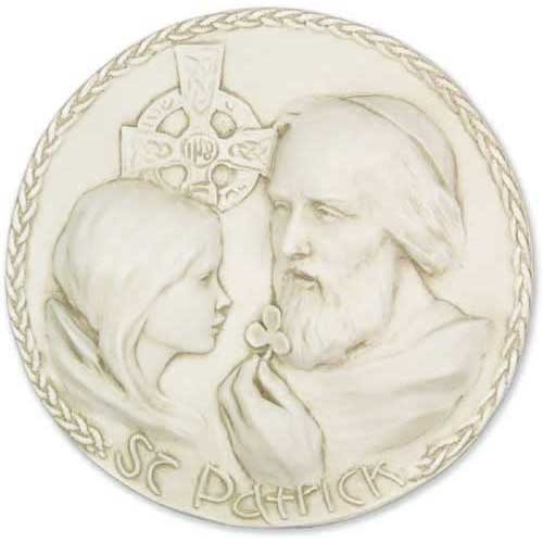 St. Patrick in classical relief style holding a shamrock, with a young girl and Celtic cross, ornate old world European design.