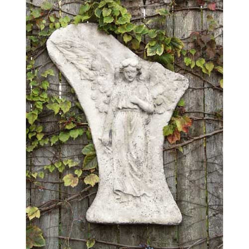 Kneeling angel wall decor in classical old world European style with ornate wings, set against a rustic background with climbing ivy.