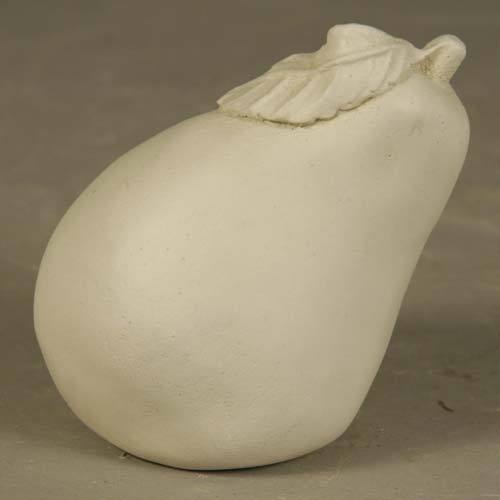 Pear sculpture with a single detailed leaf, featuring smooth, classical lines and subtle old world European style.