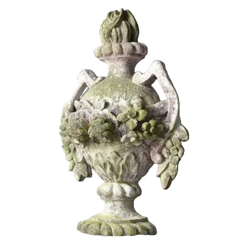 Ornate old world European urn with classical floral garlands, sculpted handles, and Baroque detailing on a pedestal base.