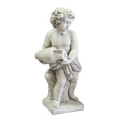Cherub statue in classical Renaissance style, holding a scroll and standing beside a tree stump with ornate detailing. Side View