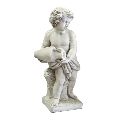 Cherub statue in classical Renaissance style, holding a scroll and standing beside a tree stump with ornate detailing. Side View