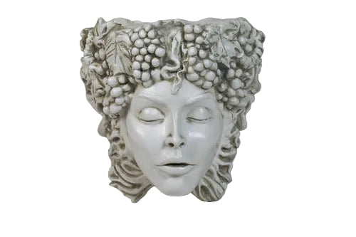 Classical face sculpture with closed eyes, ornate grapevine and leaf headdress, inspired by old world European and Renaissance styles