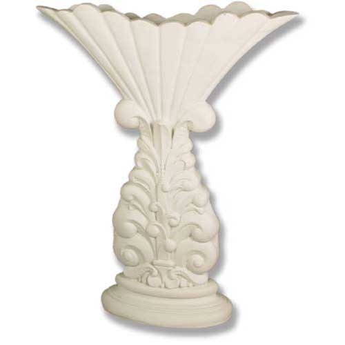 Ornate pedestal vase with fluted fan-shaped rim and classical Baroque scrollwork, featuring old world European decorative details.