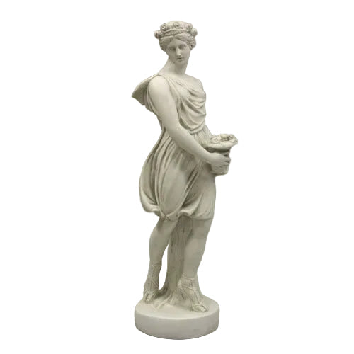 Classical Greek-style female statue with draped gown, floral crown, and ornate basket, standing on a round pedestal.