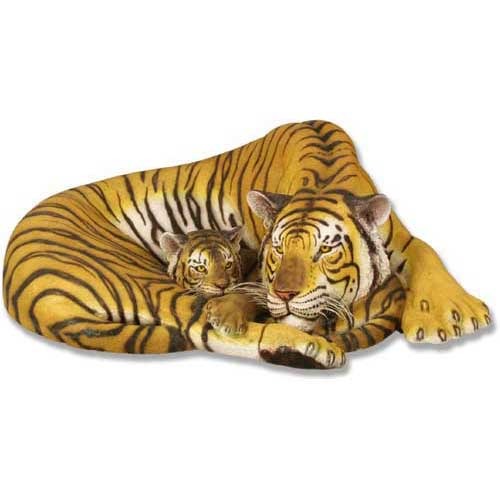 Tiger and cub figurine in a classical, ornate style with detailed stripes and lifelike features, evoking old world European artistry.