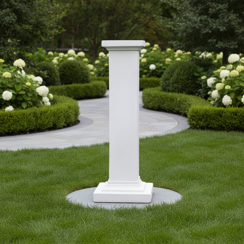 Classical Greek pedestal column with clean lines, square base and capital, evoking an old world European architectural style Side Angle
