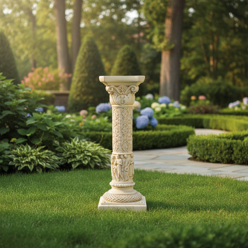 Classical Greek column pedestal with ornate carvings, fluted shaft, and decorative capital in old world European style. Side Angle