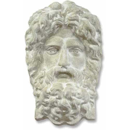 Classical Greek-style bearded male face sculpture with ornate, flowing hair and detailed facial features in old world European design.